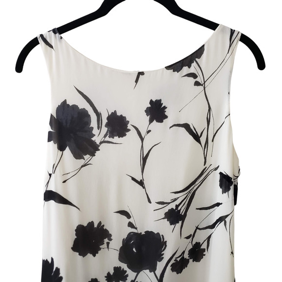 Louben Midi Shift Dress Size 10 Cream/Black Sleeveless Floral Crepe Lined - Picture 2 of 11